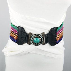 belt multicolor stretch with black leather buckle / green rhinestone catch Y2K